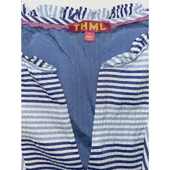THML Anthropologie Flutter Sleeve Blue White Striped Dress Women’s Medium - Picture 3 of 6